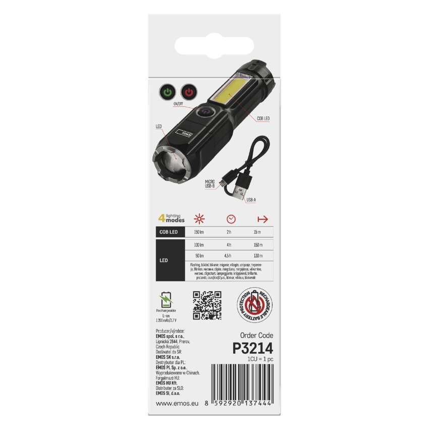LED-es újratölthető műanyag zseblámpa P3214, 150 lm