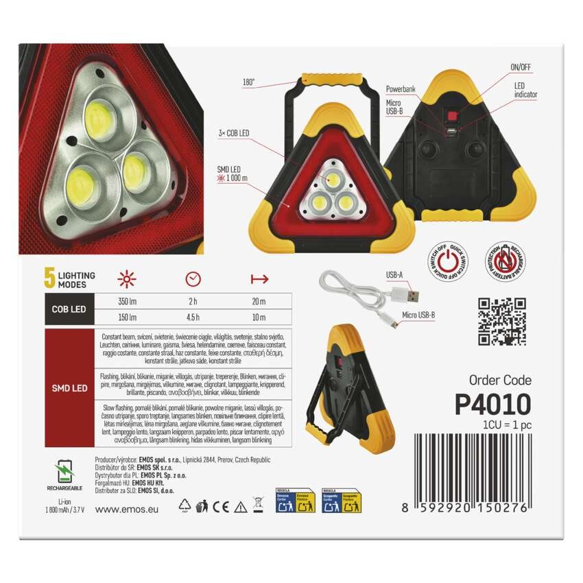 LED figyelmeztető háromszög, tölthető, COB LED + piros LED