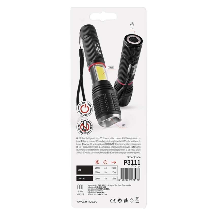 COB LED + LED rankinis žibintuvėlis P3111, 230 lm, 3x AAA, FOCUS