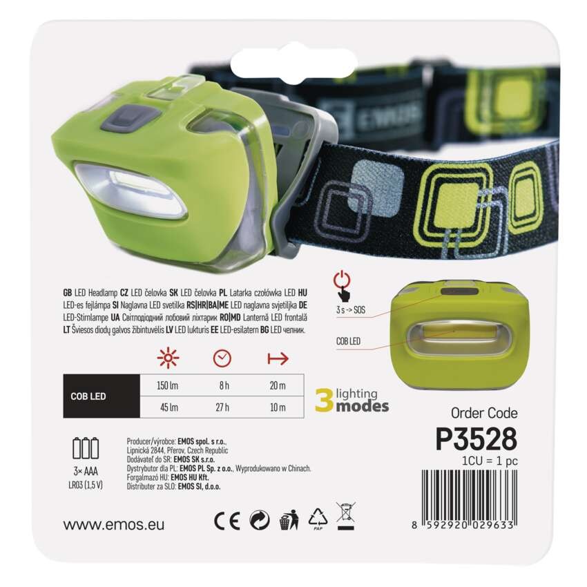 COB LED Stirnlampe P3528, 150 lm, 20 m, 3x AAA