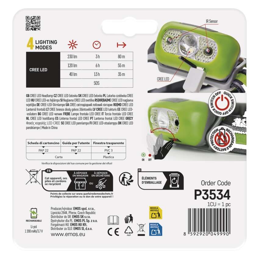 CREE LED įkraunamas galvos žibintas P3534, 230 lm, 80 m, Li-Pol 1200 mAh
