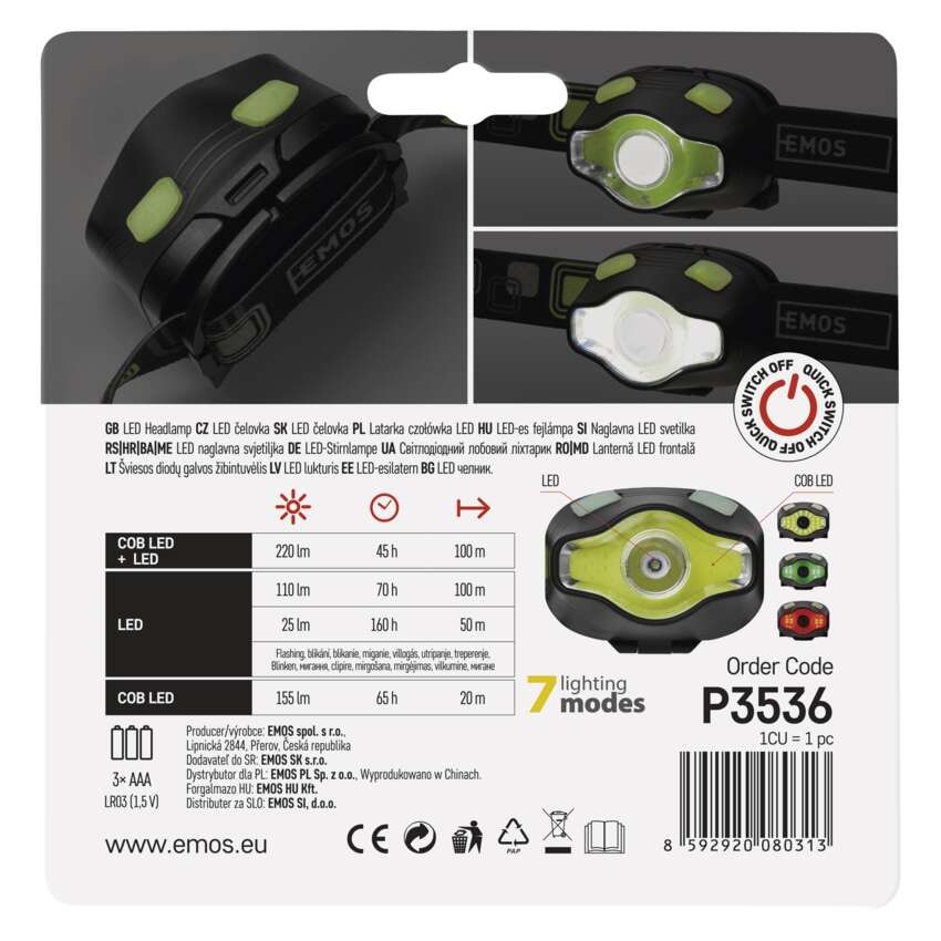 COB LED + LED Stirnlampe P3536, 220 lm, 100 m, 3x AAA