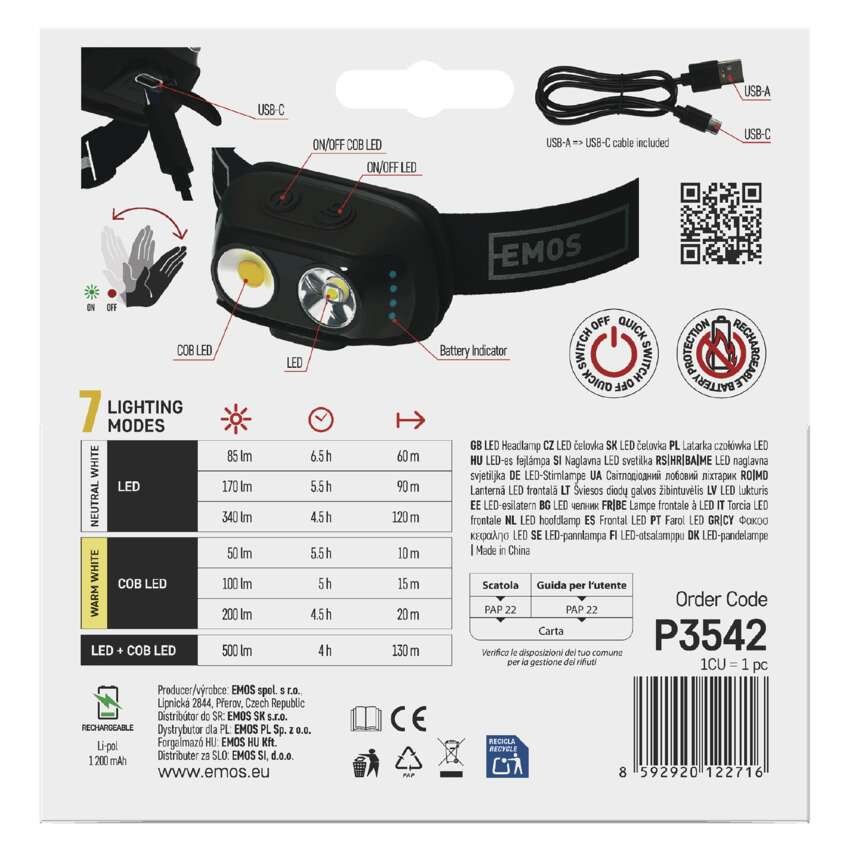 COB LED nabíjacia čelovka P3542, 500lm, 130m, Li-pol 1200mAh
