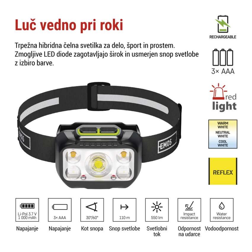 Naglavna polnilna LED svetilka P3546, 550 lm, 110 m, Li-Pol 1000 mAh / 3× AAA