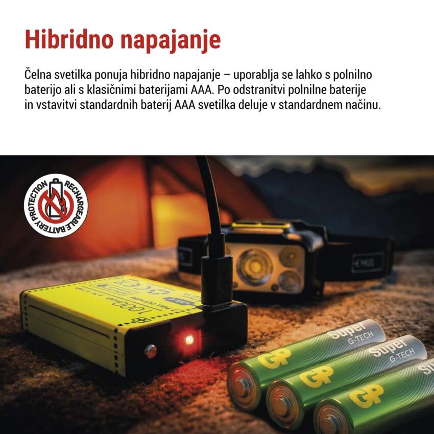Naglavna polnilna LED svetilka P3546, 550 lm, 110 m, Li-Pol 1000 mAh / 3× AAA