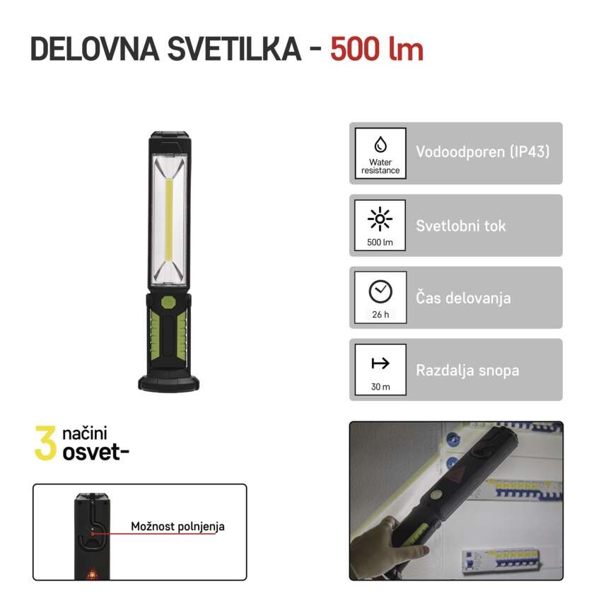 Polnilna LED delovna svetilka 5W COB, 500 lm,Li-Ion 2000mAh
