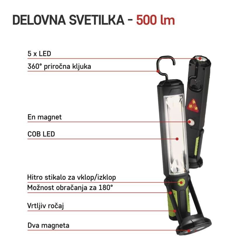Polnilna LED delovna svetilka 5W COB, 500 lm,Li-Ion 2000mAh