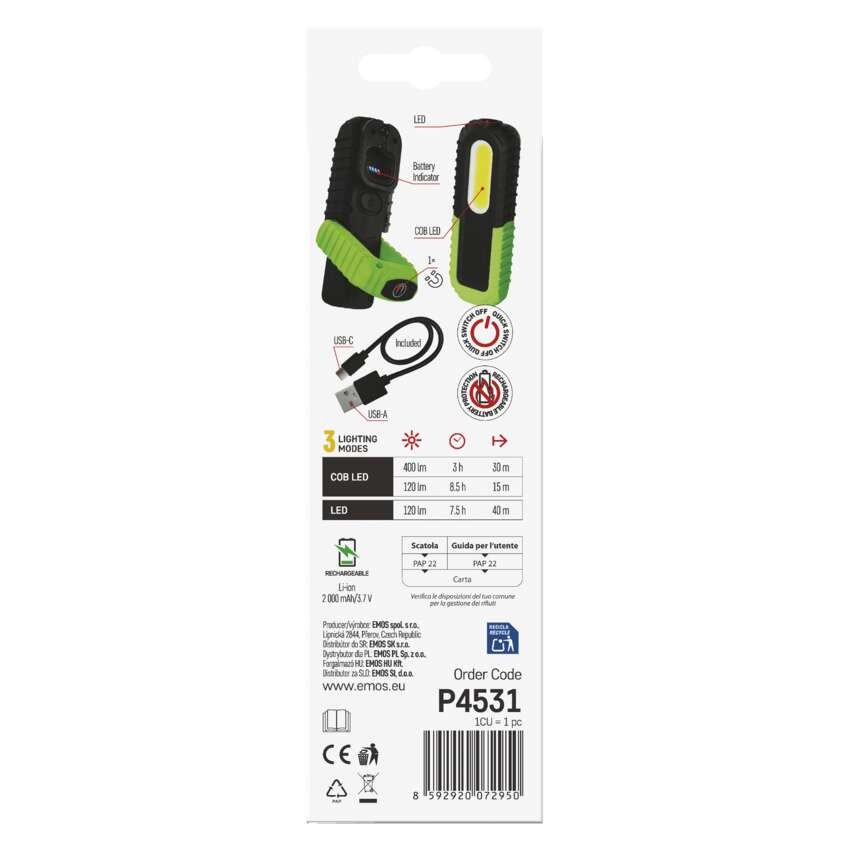 COB LED + LED įkraunamas darbo žibintas P4531, 400 lm, 2000 mAh