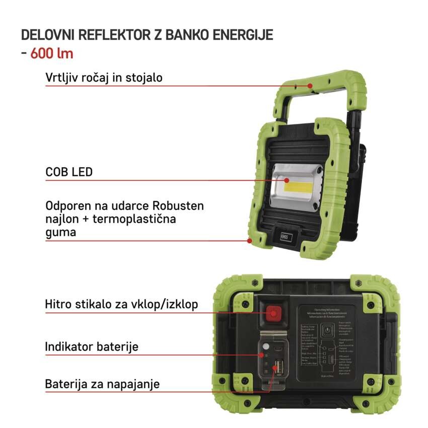 Polnilna LED delovna svetilka 5 W COB, 600 lm, 3000 mAh