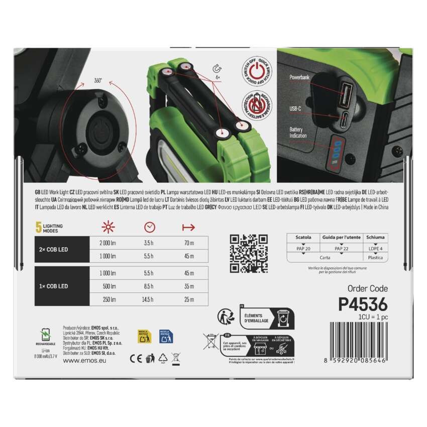 COB LED nabíjací pracovný reflektor P4536, 2000 lm, 8000 mA