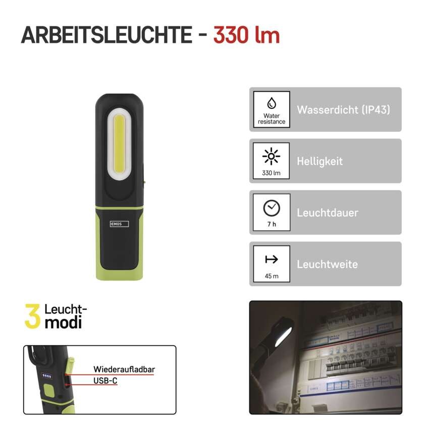 COB + SMD LED aufladbare Arbeitsleuchte P4537, 330 lm, 1200 mAh