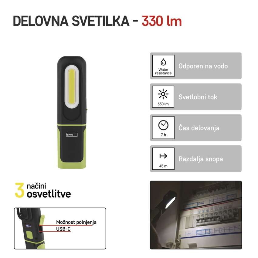 Polnilna LED delovna svetilka COB LED + SMD LED, 330 lm, 1200 mAh