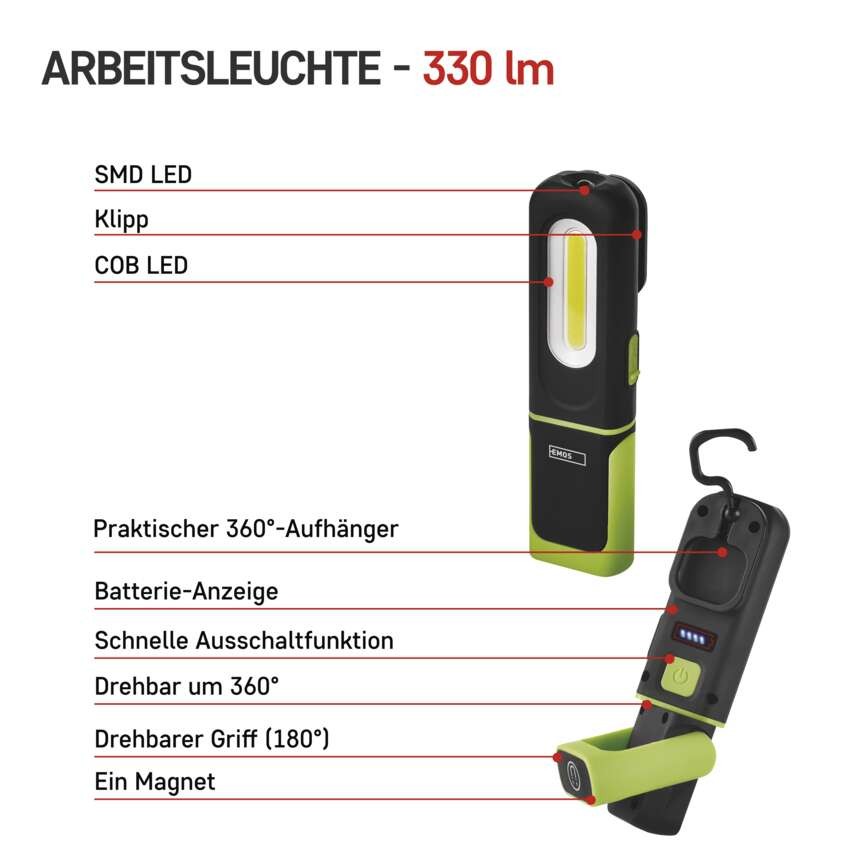 COB + SMD LED aufladbare Arbeitsleuchte P4537, 330 lm, 1200 mAh