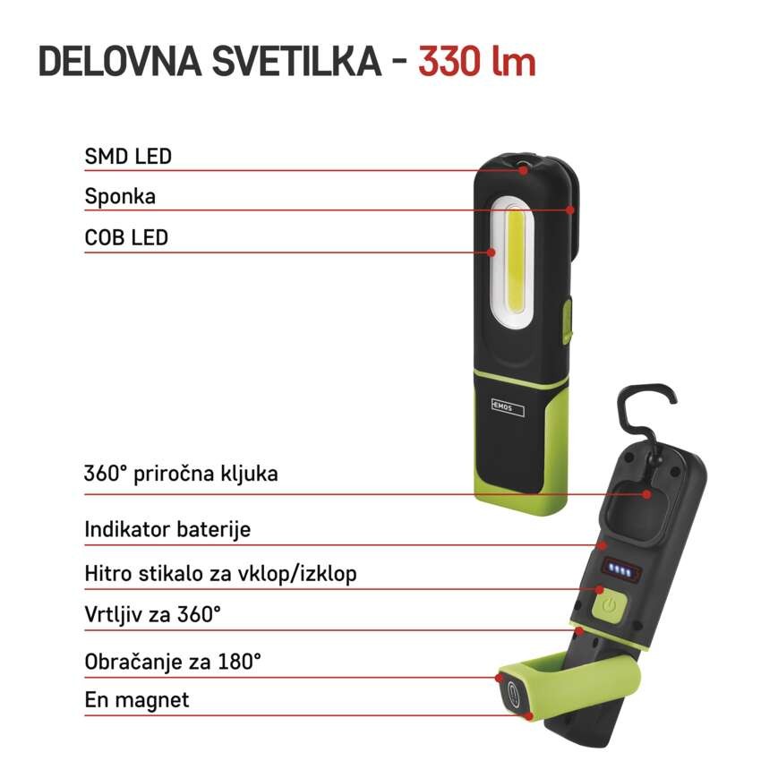 Polnilna LED delovna svetilka COB LED + SMD LED, 330 lm, 1200 mAh