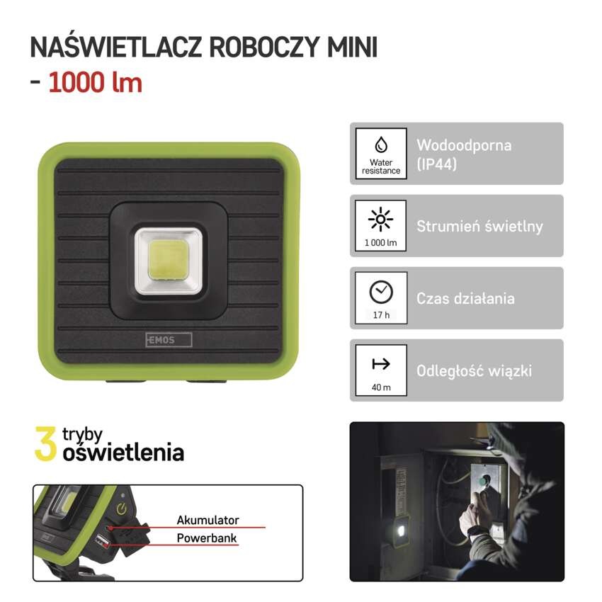 Naświetlacz LED COB, 1000lm powerbank 2200 mAh ładowalnyy