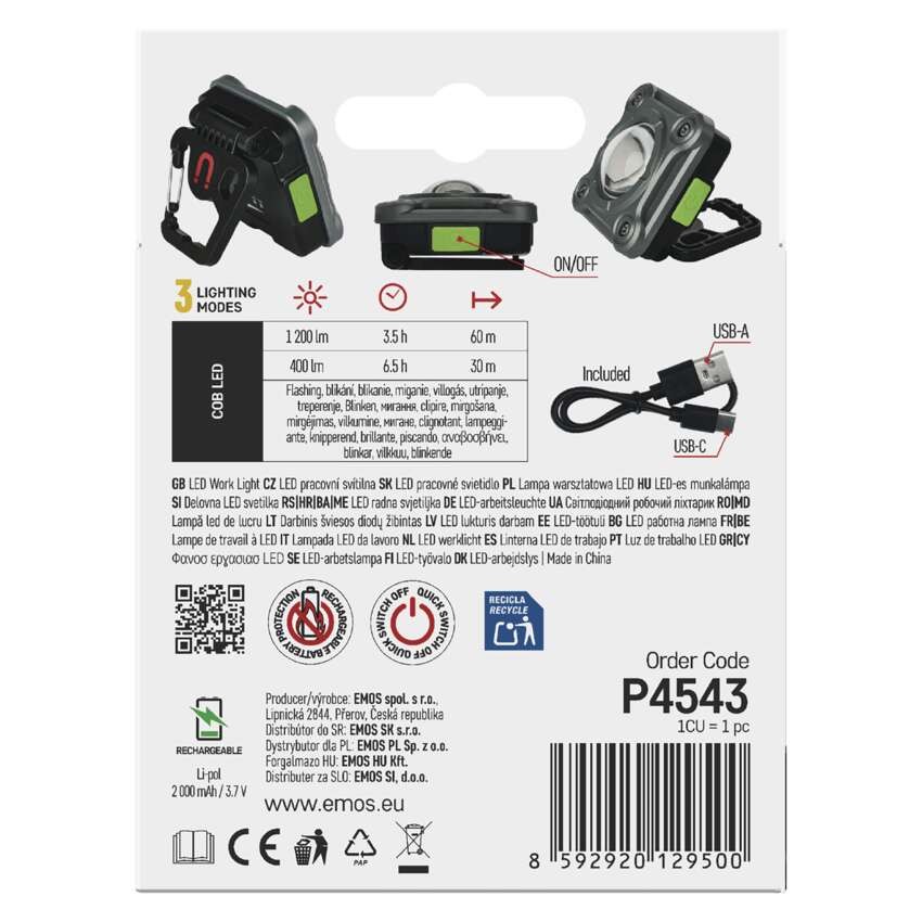 Polnilna LED delovna svetilka COB, 1200 lm, 2000 mAh