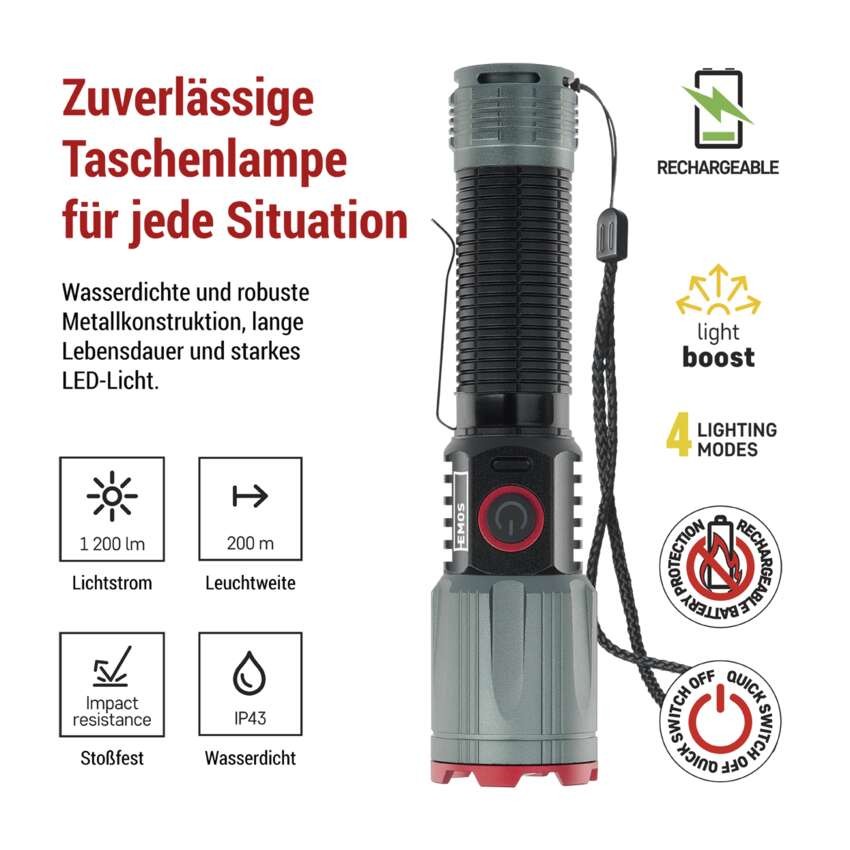 LED Aufladbare Metall-Taschenlampe 1200 lm, 2200 mAh
