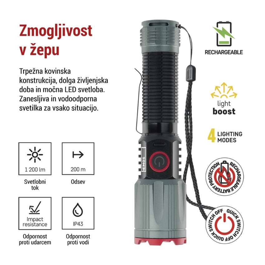 LED Polnilna svetilka kovinska 1200 lm, 2200 mAh
