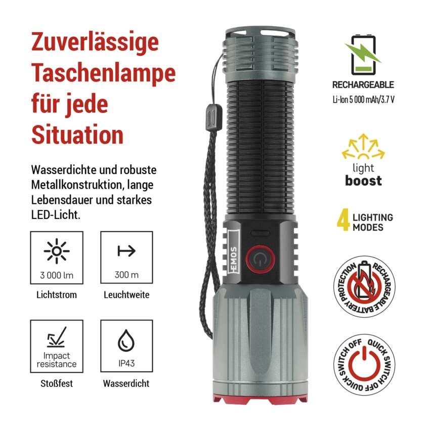 LED Aufladbare Metall-Taschenlampe 3000 lm, 5000 mAh