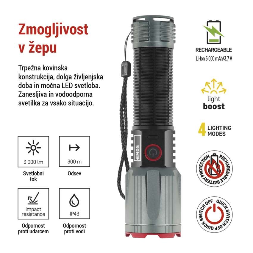 LED Polnilna svetilka kovinska 3000 lm, 5000 mAh