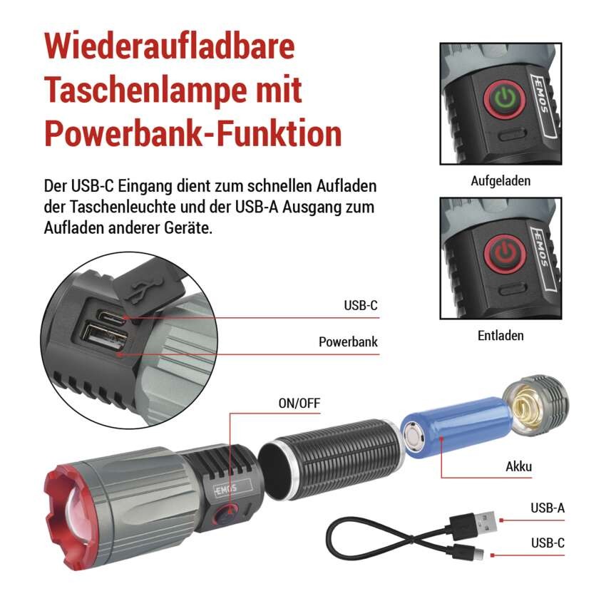 LED Aufladbare Metall-Taschenlampe 3000 lm, 5000 mAh