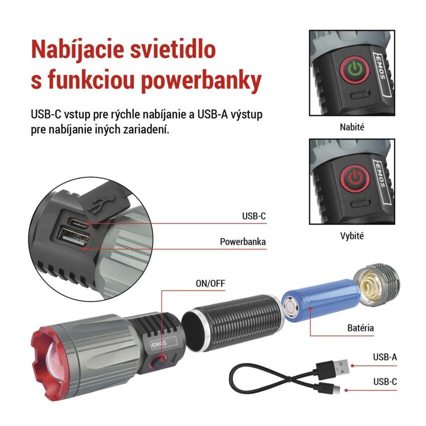 LED nabíjacie kovové svietidlo 3000 lm, 5000 mAh