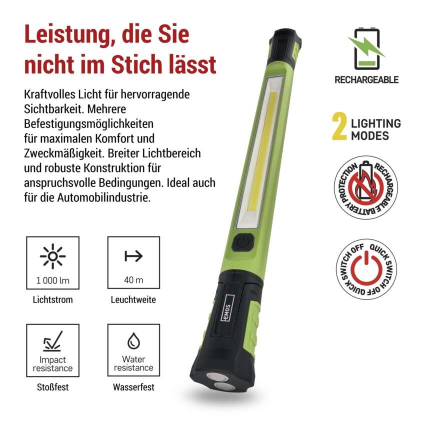 COB LED-Taschenlampe P4545, 1000 lm, 2600 mAh, wiederaufladbar