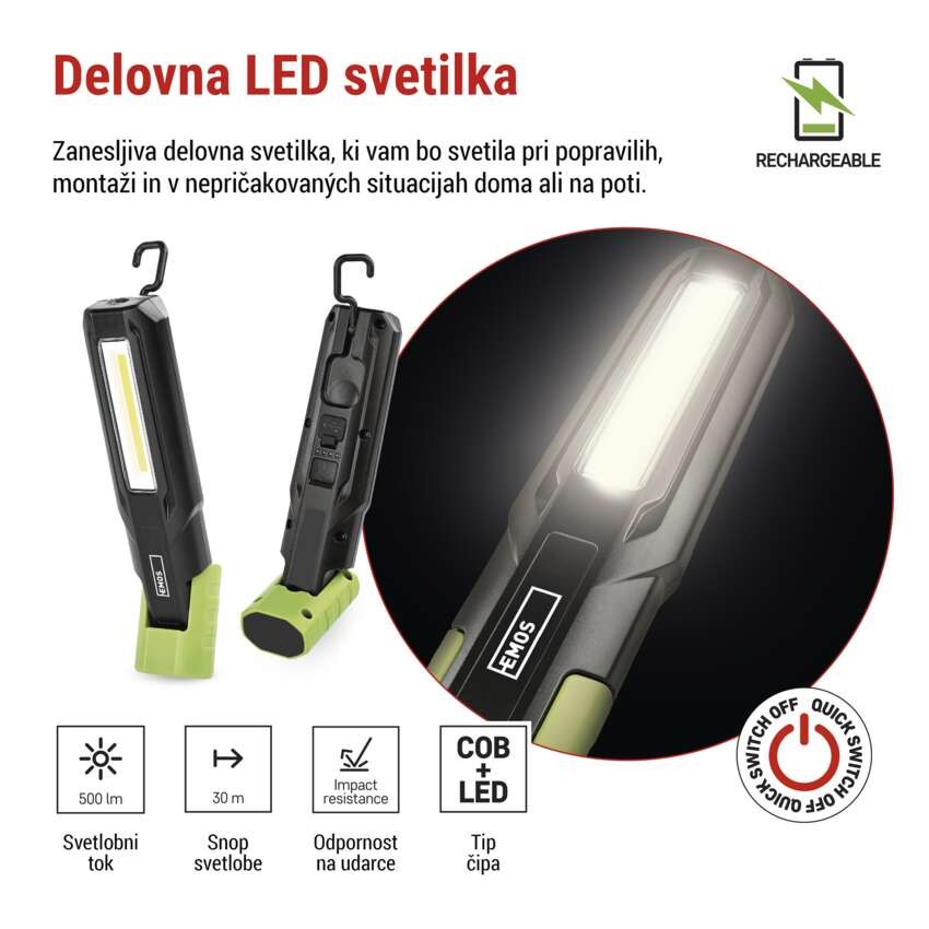 COB LED+LED polnilna svetilka P4546, 500 lm, 2000 mAh