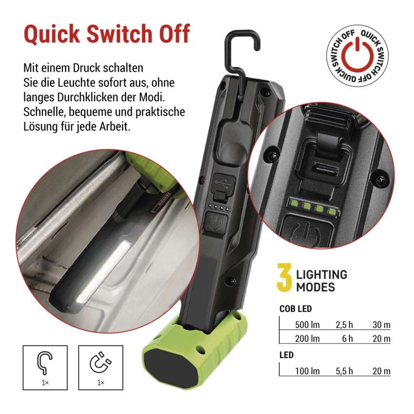 COB LED+LED-Taschenlampe P4546, 500 lm, 2000 mAh, wiederaufladbar