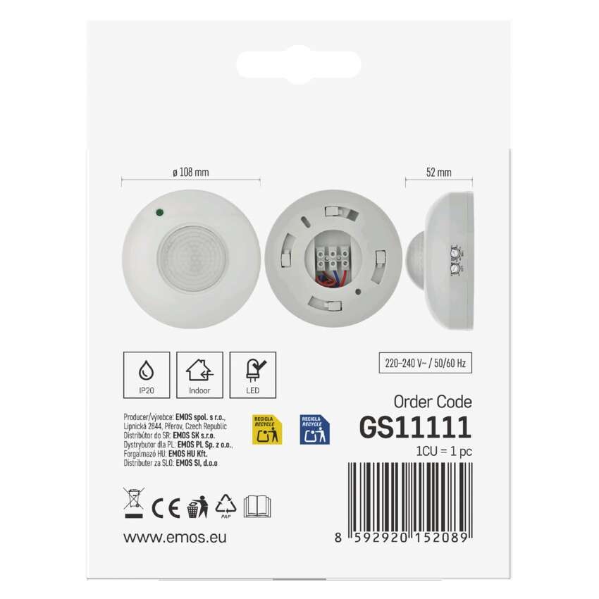 PIR senzor (pohybové čidlo) IP20 1200W, bílý