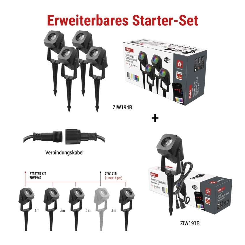 GoSmart LED-Außenstrahler, Starter-Set, 4-teilig, 7 W, RGBIC dimmbar, WiFi