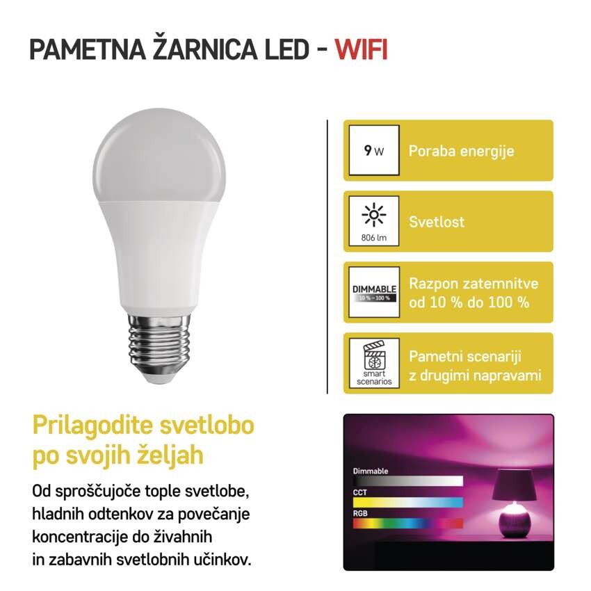 LED žarnica GoSmart A60 / E27 / 9 W (60 W) / 806 lm / RGB / zatemnilna / WiFi