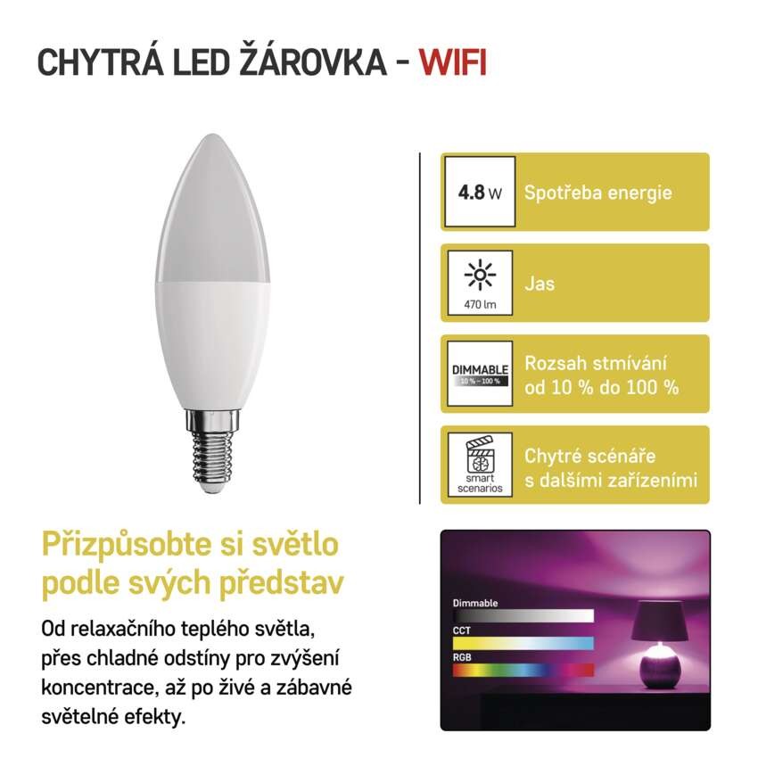 Chytrá LED žárovka GoSmart svíčka / E14 / 4,8 W (40 W) / 470lm / RGB / stmívatelná / WiFi