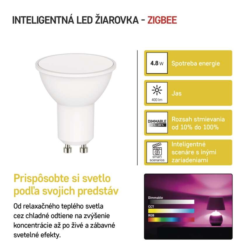 LED žiarovka GoSmart MR16 / GU10 / 4,8 W (35 W) / 400 lm / RGB / stmievateľná / Zigbee