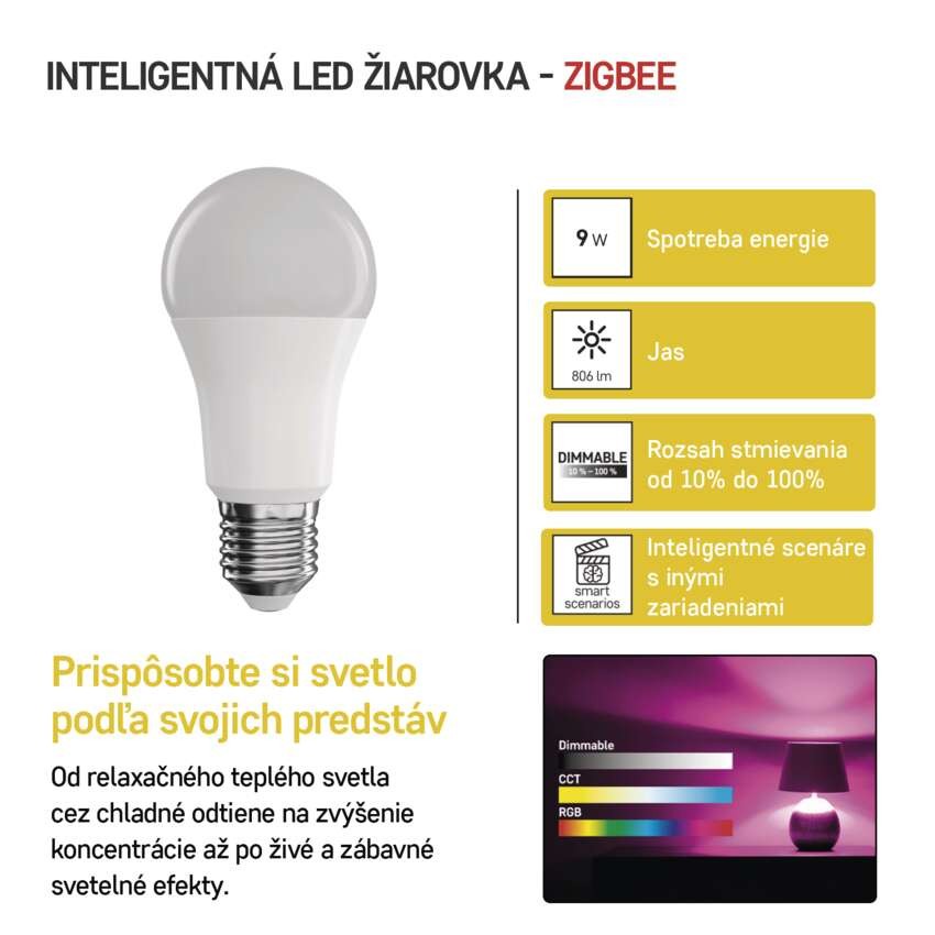 LED žiarovka GoSmart A60 / E27 / 9 W (60 W) / 806 lm / RGB / stmievateľná / Zigbee