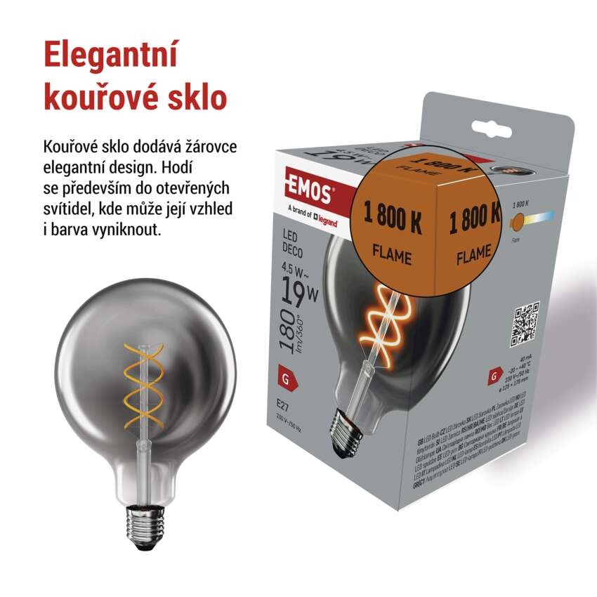 LED žárovka DECO SMOKED G125 / E27 / 4,5 W (19 W) / 180 lm / flame