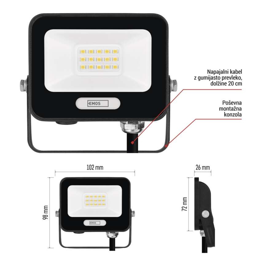 LED reflektor GLARO 10W, črni, IP65, 1000 lm, nevtralna bela