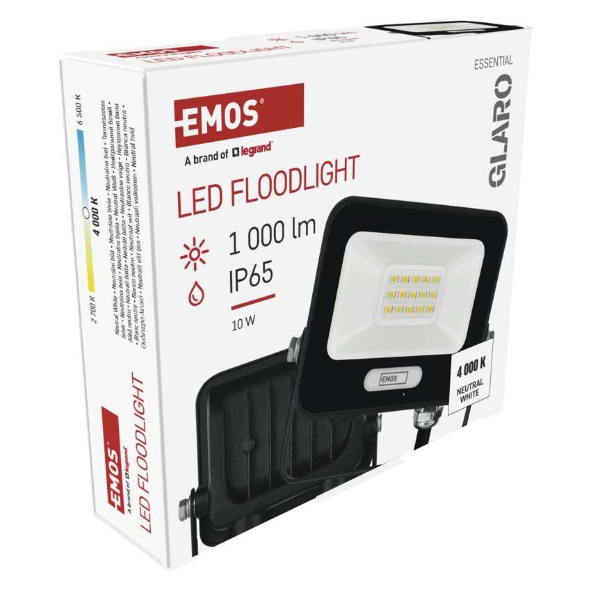 LED prožektorius GLARO 10 W, melns, IP65, 1000 lm, neitrāli balts