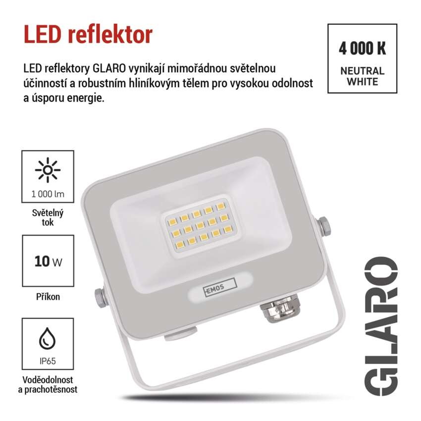 LED reflektor GLARO 10W, bílý, IP65, 1000 lm, neutrální bílá