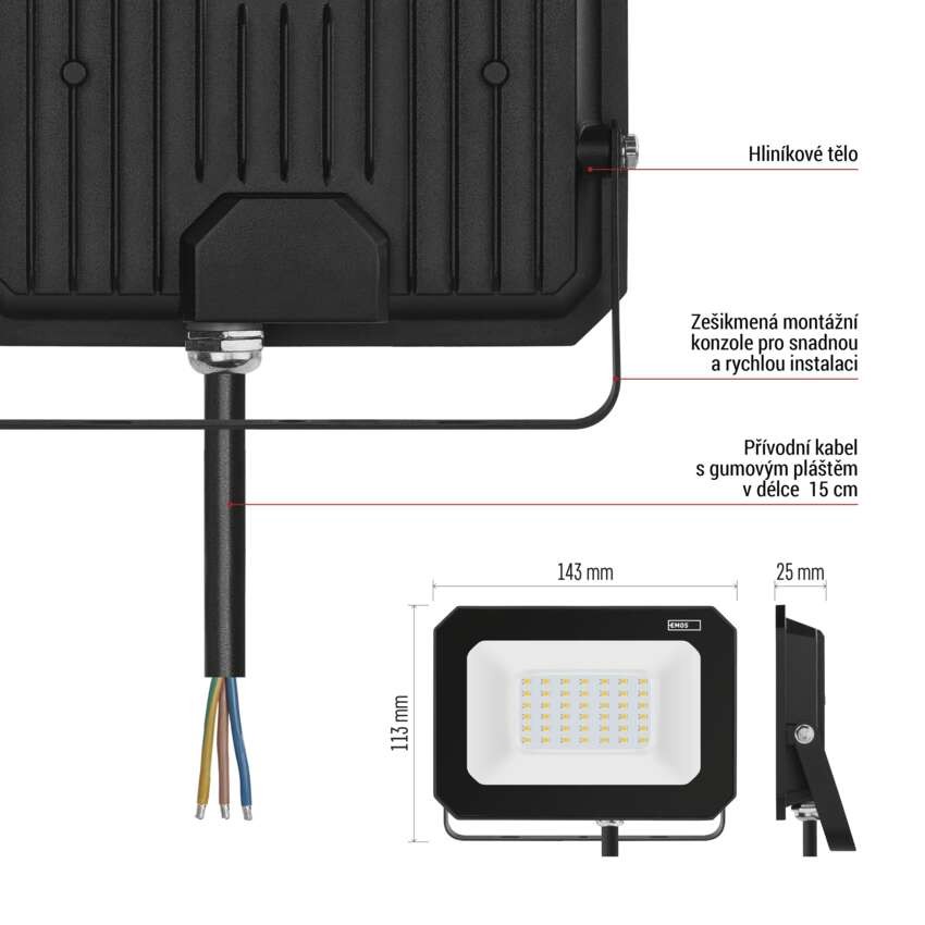 LED reflektor SIMPO 20 W, černý, neutrální bílá