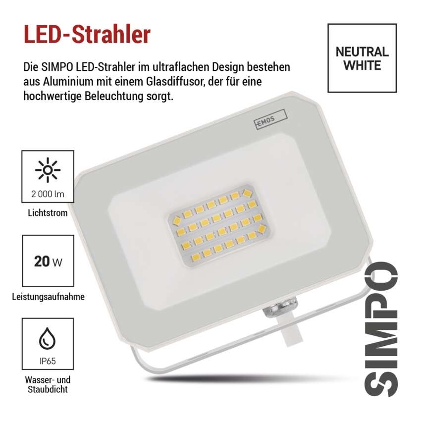 LED reflektor SIMPO 20W, weiß, IP65, 2000 lm, neutralweiß