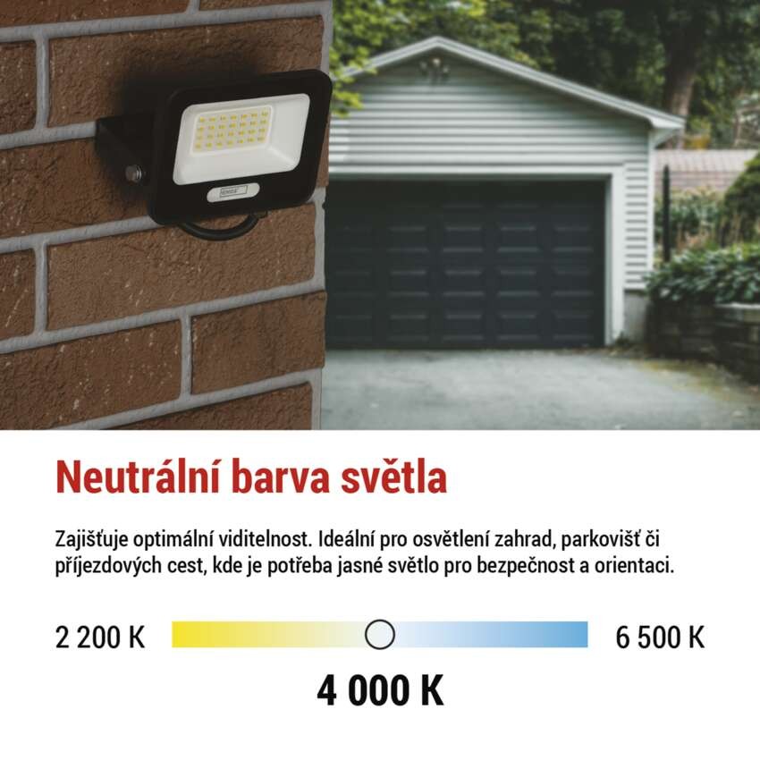 LED reflektor GLARO 20W, černý, IP65, 2000 lm, neutrální bílá
