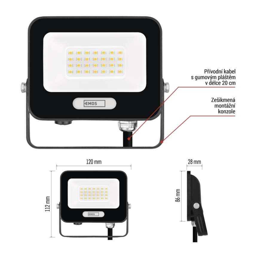 LED reflektor GLARO 20W, černý, IP65, 2000 lm, neutrální bílá
