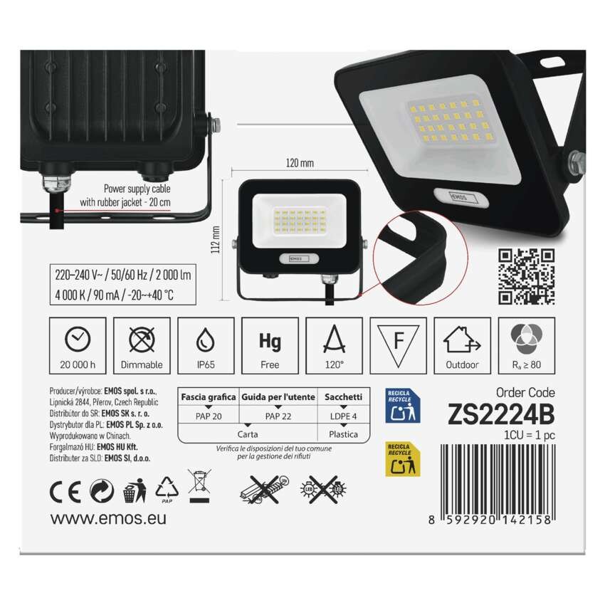 LED reflektor GLARO 20W, černý, IP65, 2000 lm, neutrální bílá