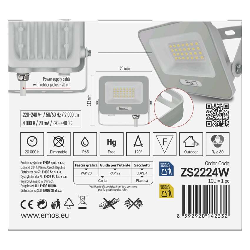 LED reflektor GLARO 20W, bílý, IP65, 2000 lm, neutrální bílá
