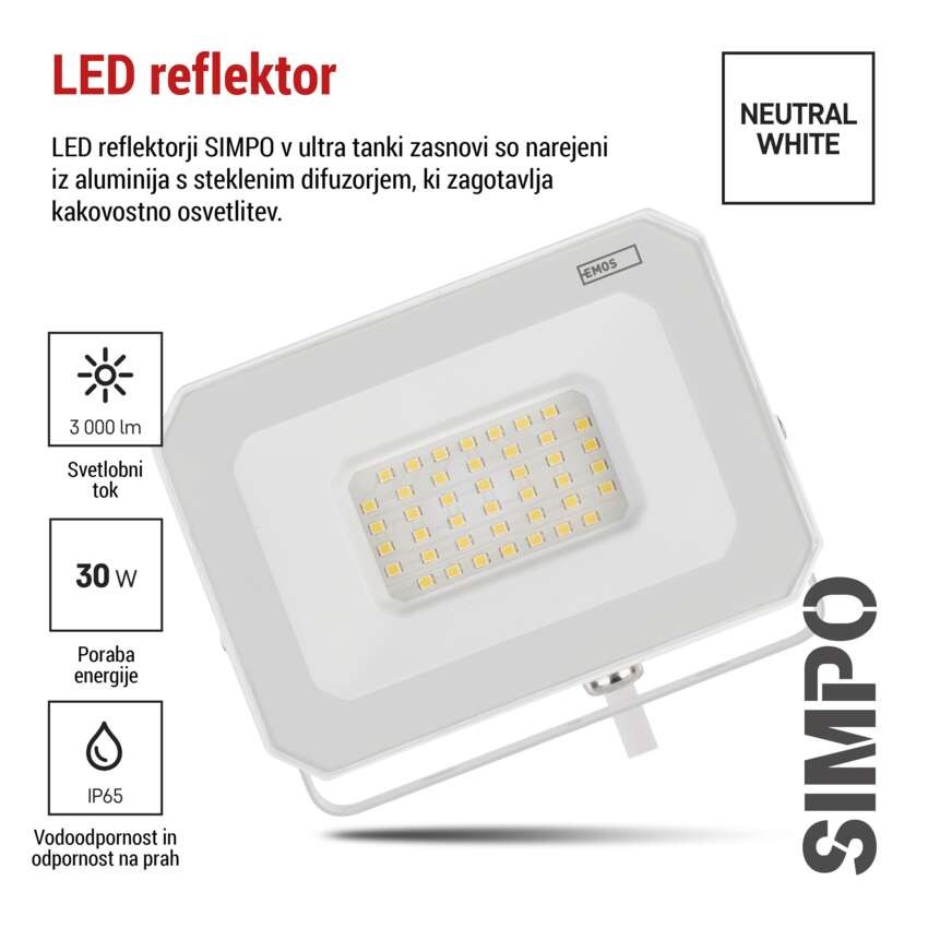 LED reflektor SIMPO 30W, bel, IP65, 3000 lm, nevtralna bela