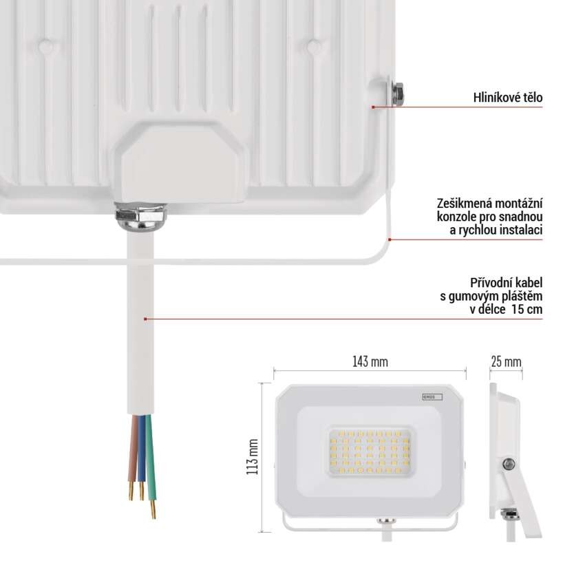LED reflektor SIMPO 30W, bílý, IP65, 3000 lm, neutrální bílá