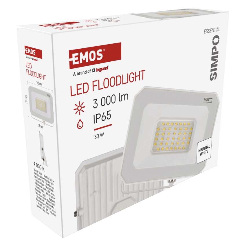 LED reflektor SIMPO 30W, bílý, IP65, 3000 lm, neutrální bílá