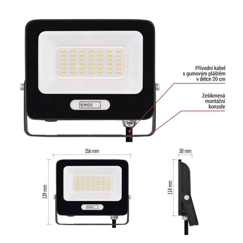 LED reflektor GLARO 30W, černý, IP65, 3000 lm, neutrální bílá