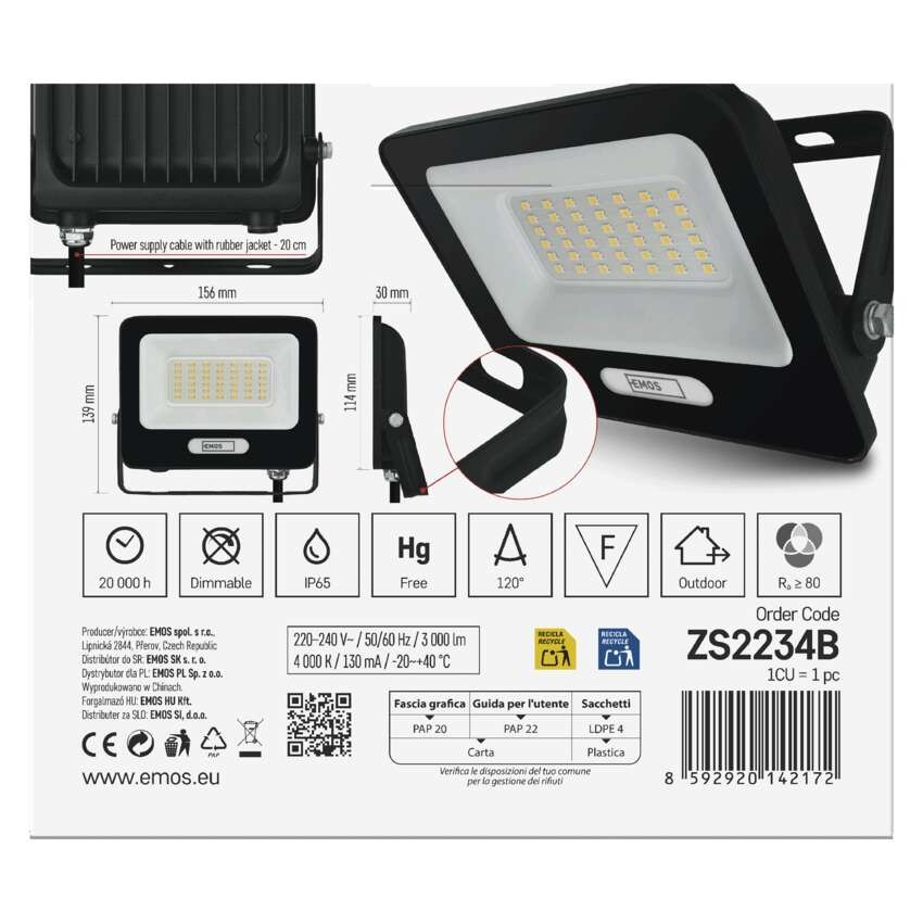 LED reflektor GLARO 30W, černý, IP65, 3000 lm, neutrální bílá